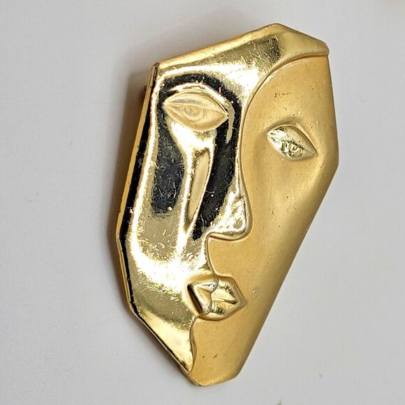 The Kissing Faces Brooch Modernist Two Faced Gold Tone Pin Expression of Love 2" - Picture 3 of 3